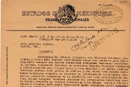 [Telegrama] 1948 dic. 6, México D. F. [a] Gabriela Mistral, Veracruz