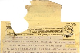 [Telegrama] 1951, Madrid, [España] [a] Gabriela Mistral, Rapallo, Italia