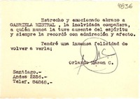 [Tarjeta] 1954, Santiago [a] Gabriela Mistral