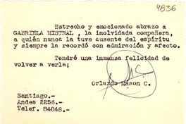 [Tarjeta] 1954, Santiago [a] Gabriela Mistral