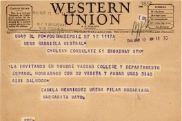 [Telegrama] 1946 mar. 12, New York, [EE.UU.] [a] Gabriela Mistral, Chilean Consulate, 61 Broadway, NYK, [EE.UU.]