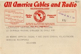 [Telegrama] 1945 nov. 16, Santiago, Chile [a] Gabriela Mistral, Rio [de Janeiro]