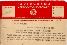 [Telegrama] 1945 nov. 19, Citta del Vaticano, [Italia] [a] Gabriela Mistral, Rio de Janeiro