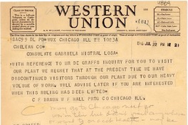 [Telegrama] 1946 jul. 22, Chicago, [EE.UU.] [a] Gabriela Mistral, Los A., [EE.UU.]