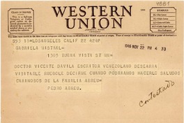 [Telegrama] 1946 nov. 22, Los Ángeles, California [a] Gabriela Mistral