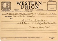 [Telegrama] 1946 oct. 30, [Los Angeles, California, EE.UU.] [a] Aktiebolaged P.A. Norstedt and Söner, Stockholm, Sweden