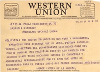 [Telegrama] 1946 jun. 17, Washington D.C., [EE.UU.] [a] Gabriela Mistral, Consulate of Chile, Los A., [EE.UU.]