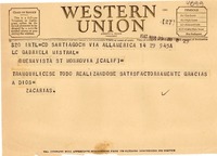 [Telegrama] 1947 mar. 29, Santiago, [Chile] [a] Gabriela Mistral, Monrovia, Calif., [EE.UU.]