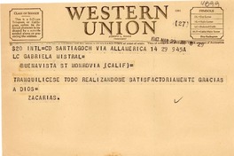 [Telegrama] 1947 mar. 29, Santiago, [Chile] [a] Gabriela Mistral, Monrovia, Calif., [EE.UU.]