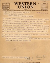 [Telegrama] 1946 mar. 24, San Francisco, Calif., [EE.UU.] [a] Gabriela Mistral, Cónsul General de Chile, Los A., [EE.UU.]