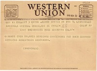 [Telegrama] 1946 nov. 22, Buenos Aires, [Argentina] [a] Gabriela Mistral, Consulado de Chile, Monrovia, Calif., [EE.UU.]