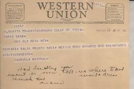 [Telegrama] 1948 sept. 27, Santa Barbara, California [a] Doris Dana, Reno, Nevada