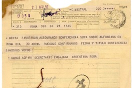 [Telegrama] 1952 abr. 21, Roma [a] Gabriela Mistral, Nápoles