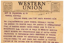 [Telegrama] 1946 mayo 30, New York [a] Gabriela Mistral, Los Ángeles
