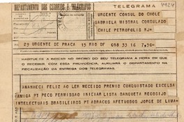 [Telegrama] 1945 nov. 16, Río de Janeiro [a] Gabriela Mistral, Petrópolis
