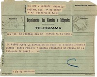 [Telegrama] 1943 ago. 14, Rio, [Brasil] [a] Gabriela Mistral, Petrópolis, RJ, [Brasil]