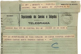 [Telegrama] 1943 ago. 14, Río de Janeiro [a] Gabriela Mistral, Petrópolis