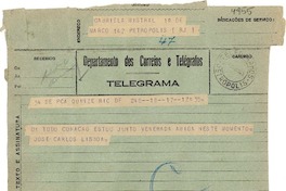 [Telegrama] 1943 ago. 17, Río de Janeiro [a] Gabriela Mistral, Petrópolis