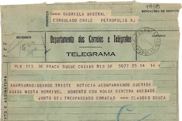[Telegrama] 1943 ago. 14, Río de Janeiro [a] Gabriela Mistral, Petrópolis