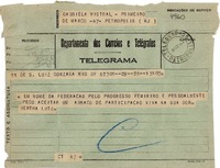 [Telegrama] 1943 ago. 28, Río de Janeiro [a] Gabriela Mistral, Petrópolis
