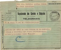 [Telegrama] 1943 ago. 19, Rio DF, [Brasil] [a] Gabriela Mistral, Cónsul de Chile, Petrópolis, [Brasil]