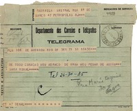 [Telegrama] 1943 ago. 21, Rio DF, [Brasil] [a] Gabriela Mistral, Petrópolis, RJ, [Brasil]