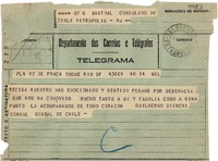 [Telegrama] 1943 ago. 14, Rio DF, [Brasil] [a] Gabriela Mistral, Petrópolis, RJ, [Brasil]