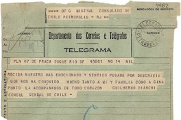 [Telegrama] 1943 ago. 14, Rio DF, [Brasil] [a] Gabriela Mistral, Petrópolis, RJ, [Brasil]