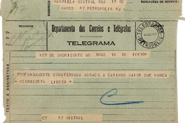 [Telegrama] 1943 ago. 18, B Horizonte, [Brasil] [a] Gabriela Mistral, Petrópolis, RJ, [Brasil]