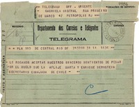 [Telegrama] 1943 ago. 14, Rio DF, [Brasil] [a] Gabriela Mistral, Petrópolis, RJ, [Brasil]