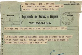 [Telegrama] 1943 ago. 14, Rio DF, [Brasil] [a] Gabriela Mistral, Petrópolis, RJ, [Brasil]