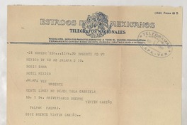 [Telegrama] 1949 ago. 12, México D. F. [a] Doris Dana, Jalapa, Veracruz