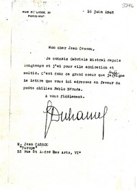 [Carta] 1948 juin 10, Paris, [Francia] [a] M. Jean Cassou, [Europa]
