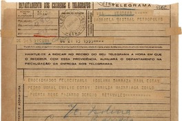 [Telegrama] 1945 nov. 15, Vicuña, Chile [a] Gabriela Mistral, Petrópolis, [Brasil]