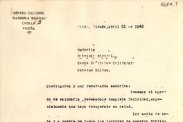 [Carta] 1948 abr. 25, Vicuña, Chile [a] Gabriela Mistral