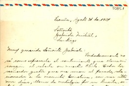 [Carta] 1954 ago. 31, Vicuña, [Chile] [a] Gabriela Mistral, Santiago, [Chile]