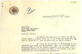 [Carta] 1940 mar. 12, Santiago, Chile [a] Gabriela Mistral, Niza, Francia