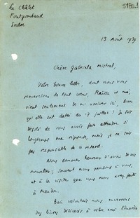 [Carta] 1939 ago. 13, Indre, [Francia] [a] Gabriela Mistral