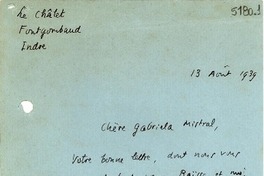 [Carta] 1939 ago. 13, Indre, [Francia] [a] Gabriela Mistral