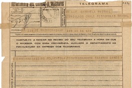 [Telegrama] 1945 nov. 16, Madrid, [España] [a] Gabriela Mistral, Petrópolis, Brasil