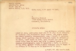 [Carta] 1947 abr. 8, Nueva York, [EE.UU.] [a] Gabriela Mistral, Monrovia, California, [EE.UU.]