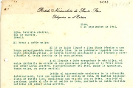 [Carta] 1941 sept. 6, Lima, Perú [a] Gabriela Mistral, Rio de Janeiro, Brasil