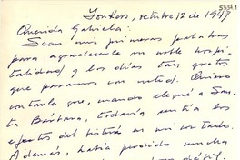[Carta] 1947 oct. 12, Yonkers, [New York] [a] Gabriela Mistral