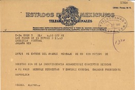 [Telegrama] 1949 sept. 20, Los Pinos, México D.F. [a] Gabriela Mistral, Jalapa, Ver[acruz]