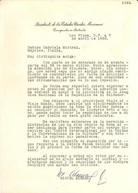 [Carta] 1952 abr. 7, Los Pinos, [México] D.F. [a] Gabriela Mistral, Nápoles, Italia