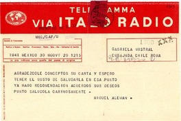 [Telegrama] 1952 nov. 20, México [a] Gabriela Mistral, Roma, [Italia]