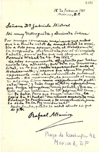 [Carta] 1951 feb. 15, México D.F. [a] Gabriela Mistral