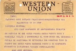 [Telegrama] 1948 Apr. 30, Guatemala [a] Gabriela Mistral, Santa Barbara, Calif., [EE.UU.]