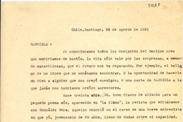 [Carta] 1951 ago. 31, Santiago, Chile [a] Gabriela [Mistral]