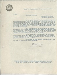 [Carta] 1945 jun. 1, Santa Fe, Argentina [a] Gabriela Mistral, Consulado de Chile, Petrópolis, Brasil